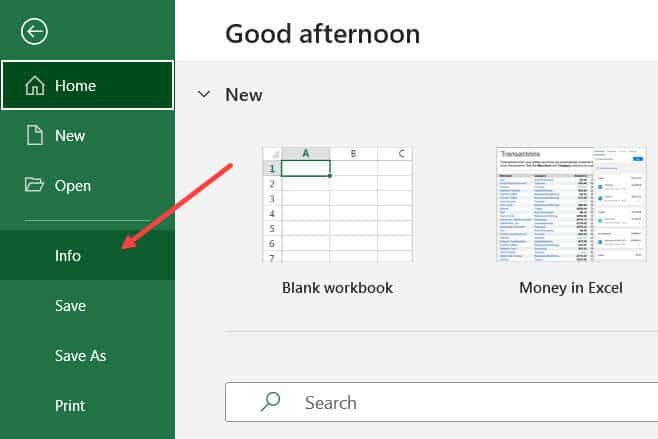 Chọn mục Info trong menu File