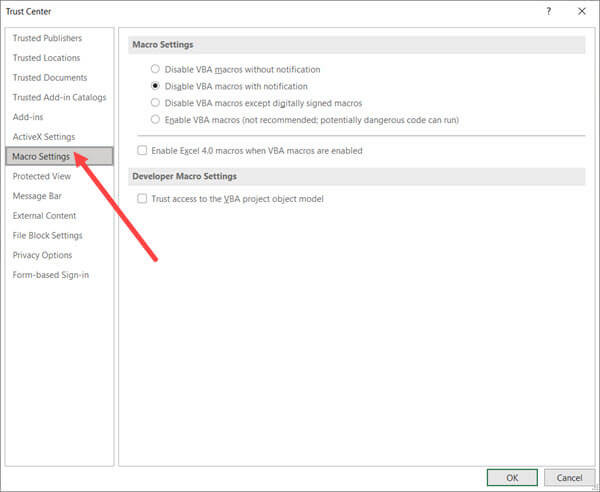 Chọn mục Macro Settings