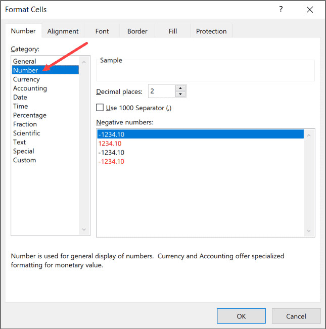 Chọn mục Number trong danh sách Category bên trái