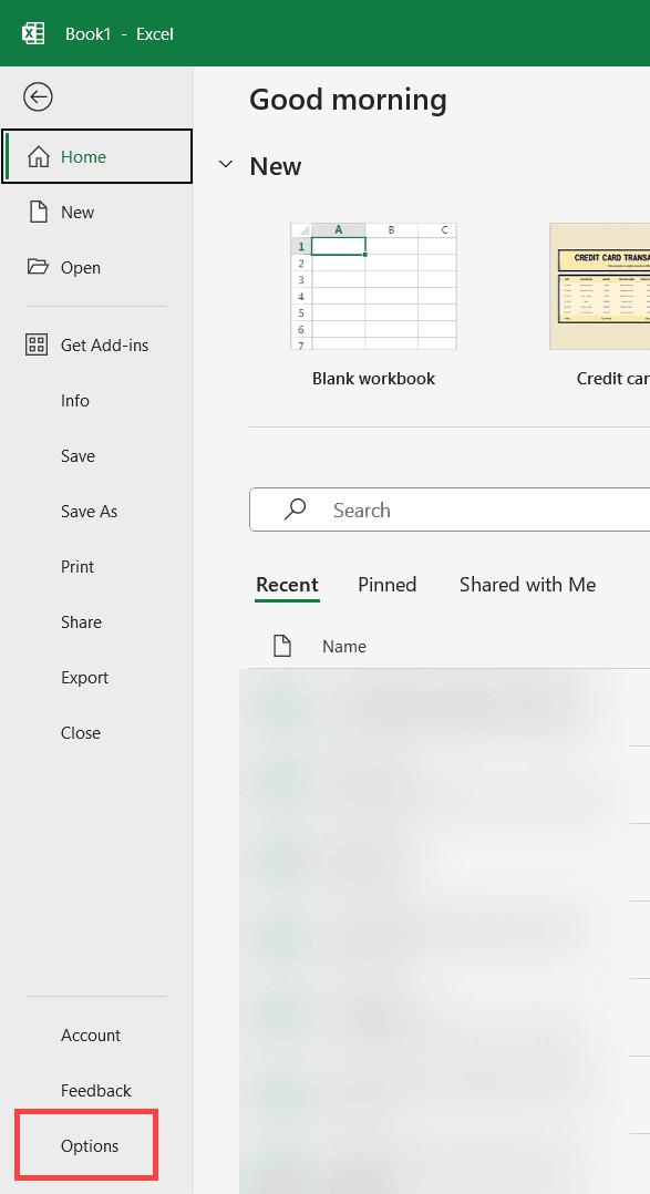 Chọn mục Options nằm ở góc dưới cùng bên trái màn hình Excel