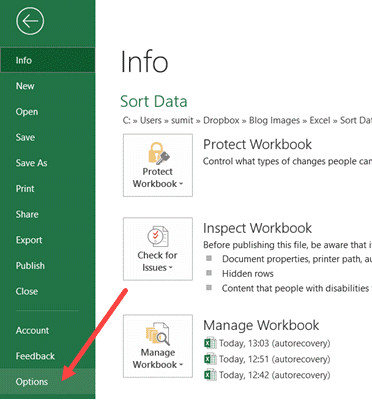 Chọn mục Options trong menu File của Excel