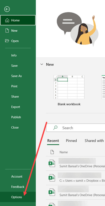 Chọn mục Options trong menu File