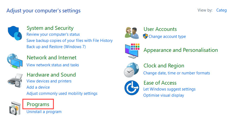 Chọn mục Programs trong Control Panel
