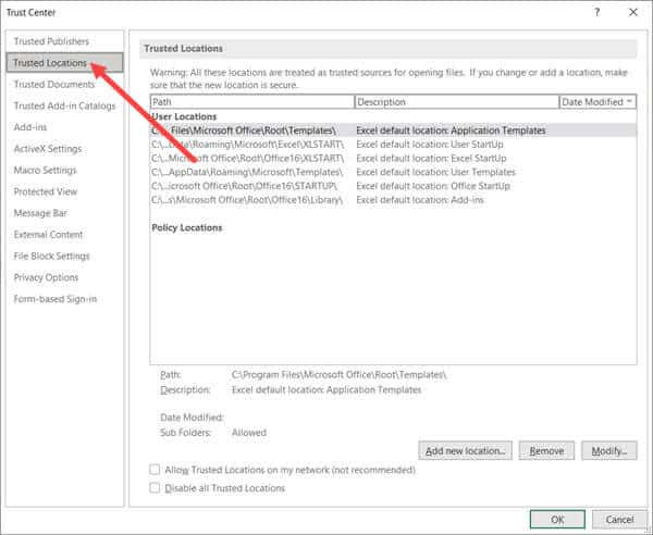 Chọn mục Trusted Locations