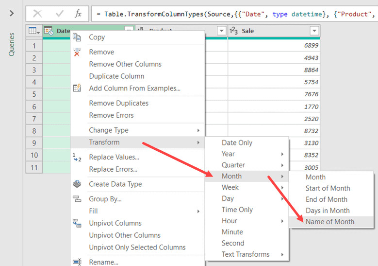 Chọn Name of Month trong menu Transform của Power Query