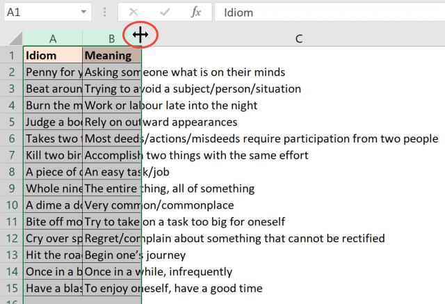 Chọn nhiều cột và đặt con trỏ tại biên giới để AutoFit hàng loạt