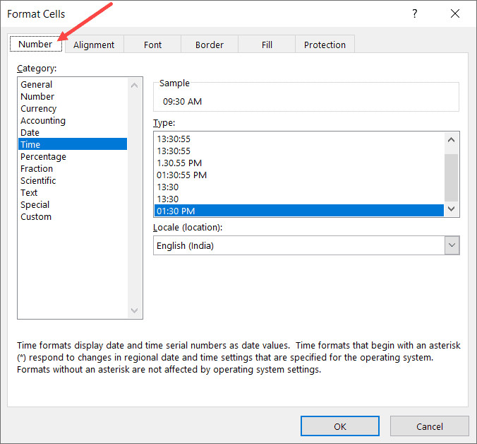 Chọn nhóm Number trong hộp thoại Format Cells