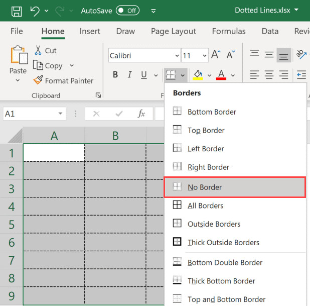 Chọn No Border để xóa bỏ đường viền nét đứt