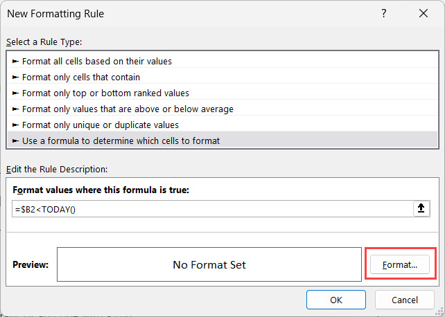 Chọn nút Format để mở bảng định dạng