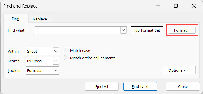 Chọn nút Format để thiết lập tiêu chí tìm kiếm theo định dạng
