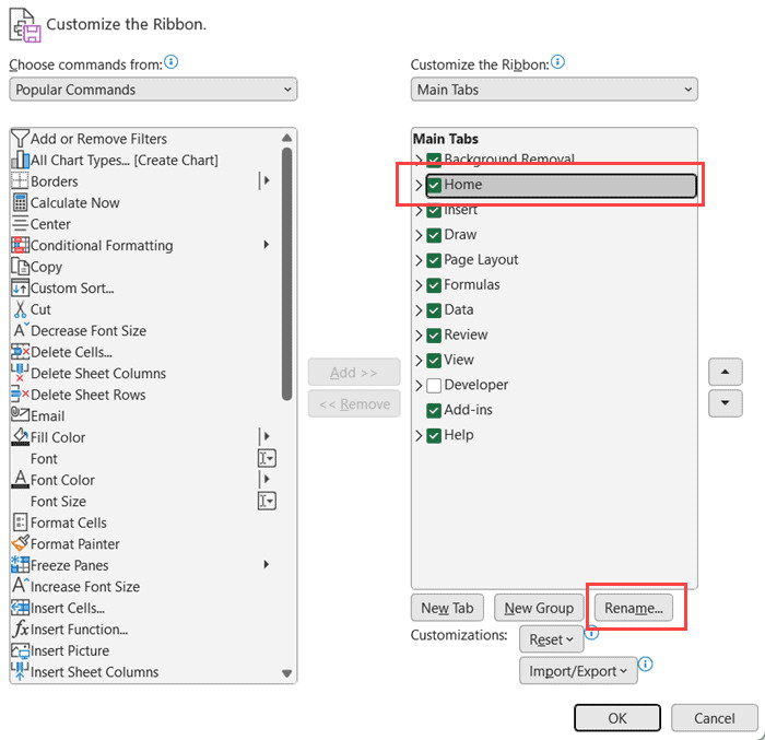 Chọn nút Rename để đổi tên Tab