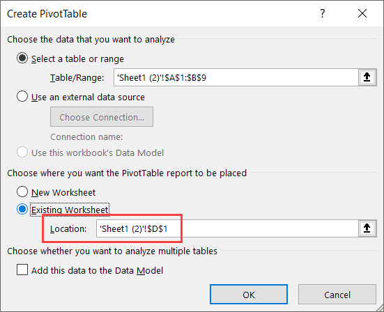 Chọn ô cụ thể để chèn Pivot Table