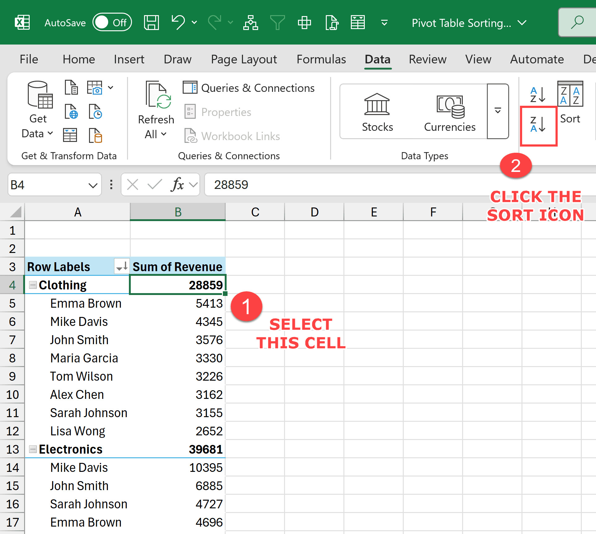 Chọn ô thuộc trường bên ngoài và nhấp vào biểu tượng sắp xếp