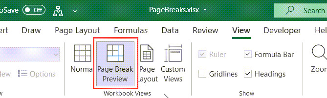 Chọn Page Break Preview trong nhóm Workbook Views