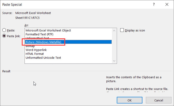Chọn Paste Link kết hợp với định dạng Picture để tạo ảnh động