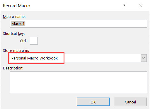 Chọn Personal Macro Workbook để lưu trữ macro