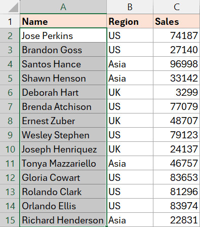 Chọn phạm vi chứa tên mà bạn muốn tô sáng