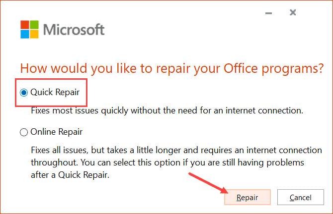 Chọn Quick Repair và nhấn nút Repair