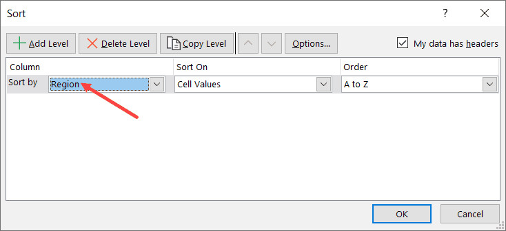 Chọn Region làm cơ sở để sắp xếp và xóa hàng