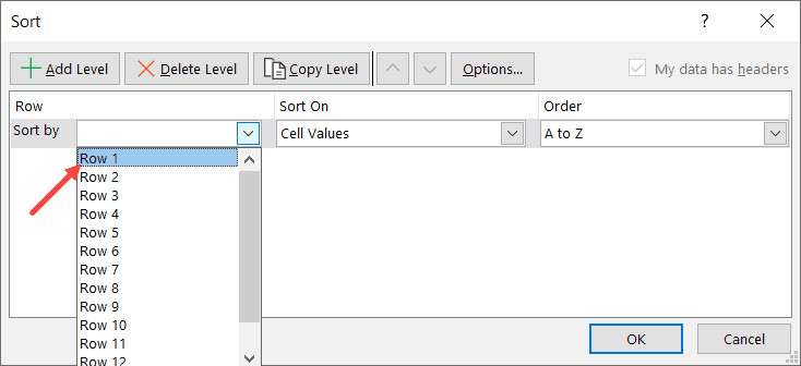 Chọn Row 1 làm tiêu chí sắp xếp