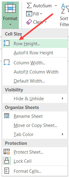 Chọn Row Height từ menu thả xuống