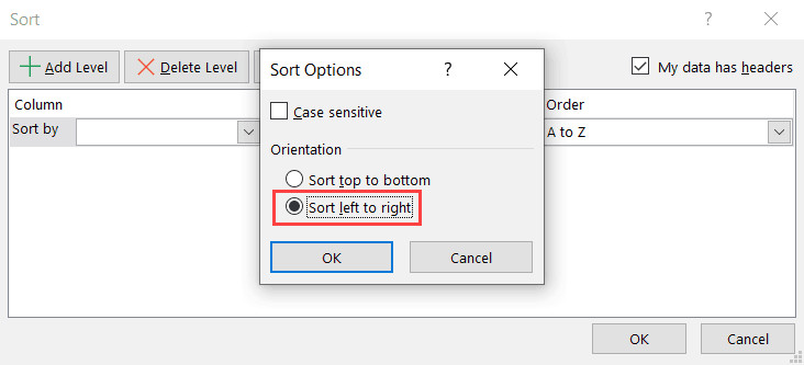 Chọn Sort Left to right trong Options