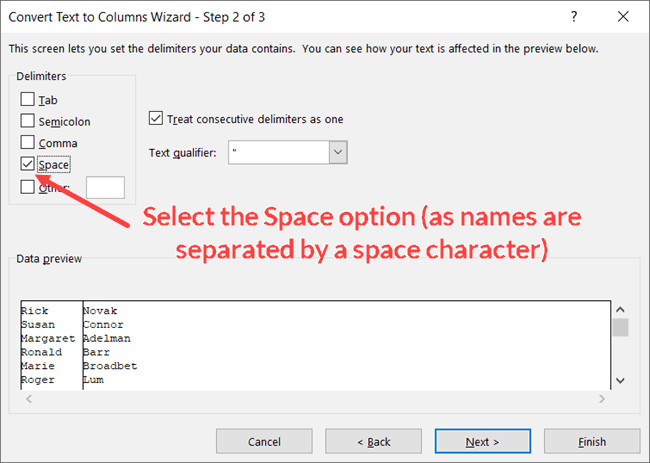 Chọn Space làm dấu phân cách ở Bước 2