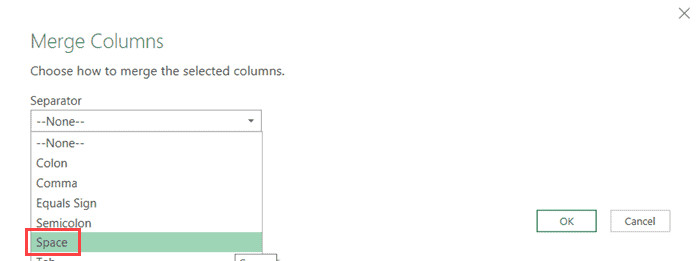 Chọn Space làm ký tự phân cách trong hộp thoại Merge Columns