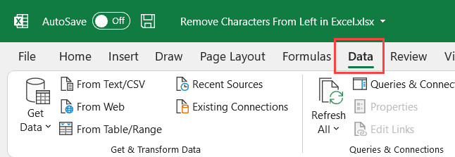 Chọn tab Data trên thanh Ribbon Excel