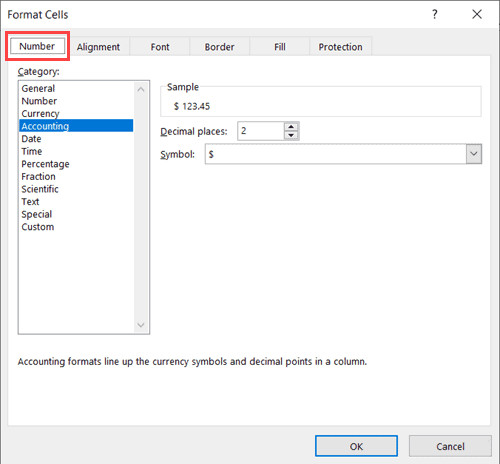 Chọn tab Number trong hộp thoại Format Cells
