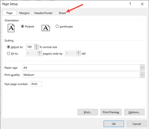 Chọn tab Sheet trong hộp thoại Page Setup
