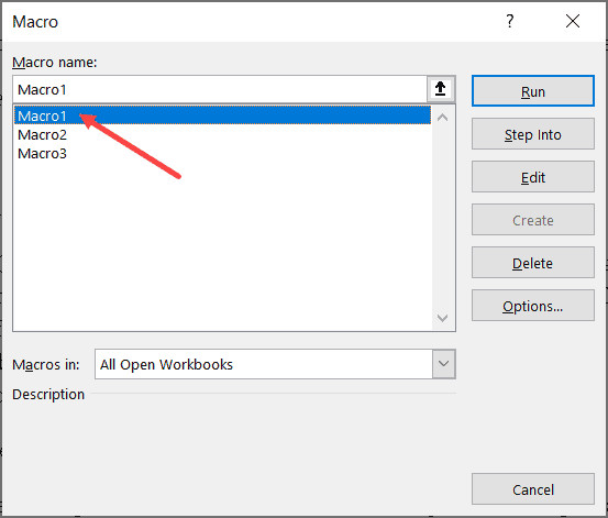 Chọn tên macro cụ thể cần xóa từ danh sách