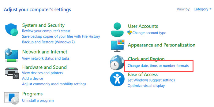 Chọn thay đổi định dạng ngày giờ và số trong Control Panel