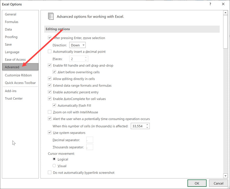 Chọn thẻ Advanced trong danh sách tùy chọn bên trái
