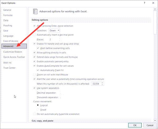 Chọn thẻ Advanced trong Excel Options
