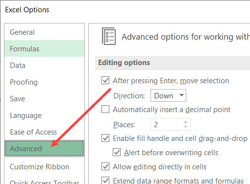 Chọn thẻ Advanced trong hộp thoại Excel Options