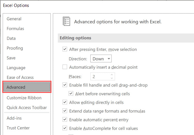 Chọn thẻ Advanced trong hộp thoại Options