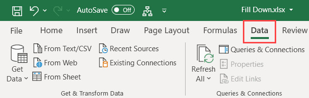 Chọn thẻ Data trên thanh công cụ