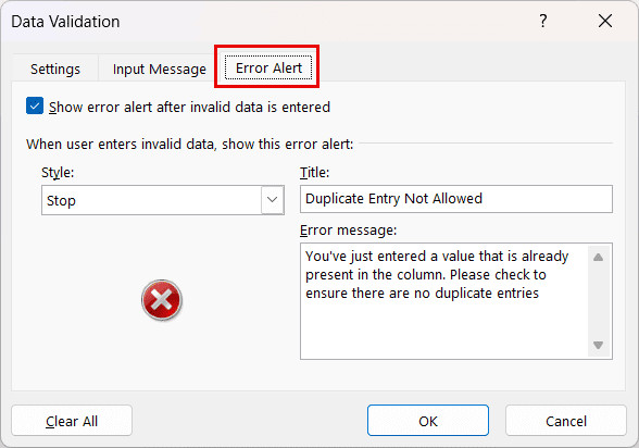 Chọn thẻ Error Alert trong hộp thoại Data Validation