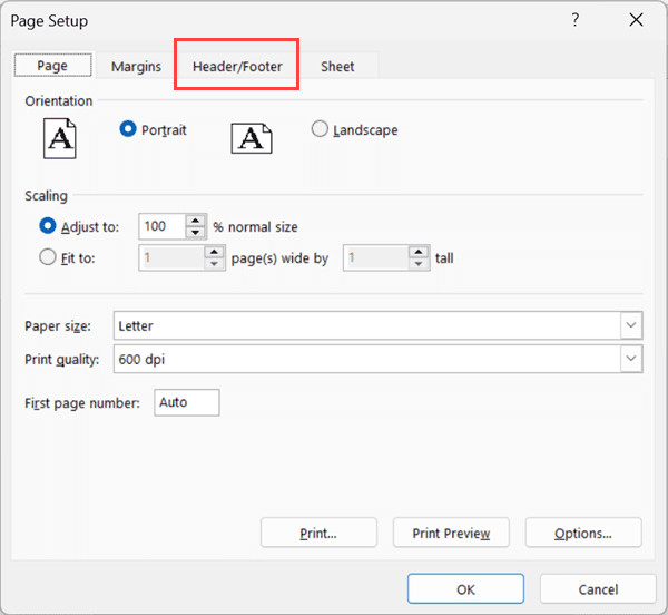 Chọn thẻ Header/Footer trong hộp thoại Page Setup