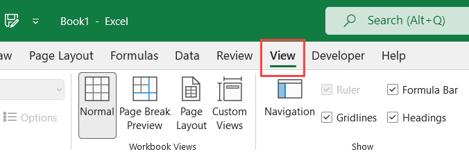 Chọn thẻ View trên thanh công cụ Ribbon của Excel