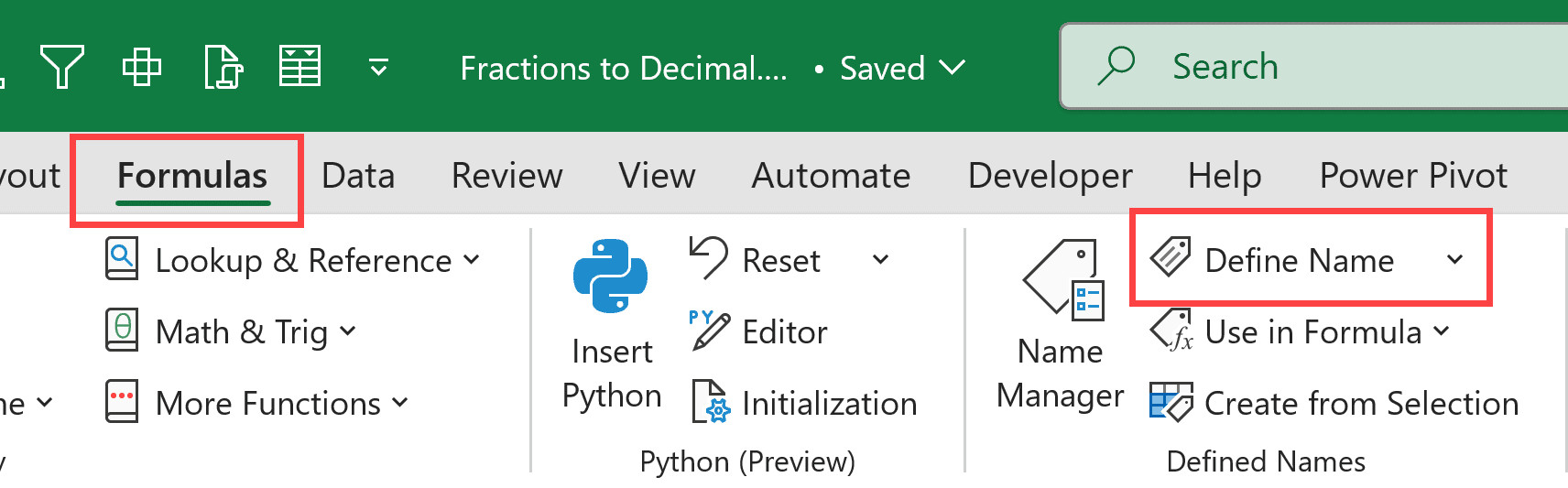 Chọn tính năng Define Name trong thẻ Formulas