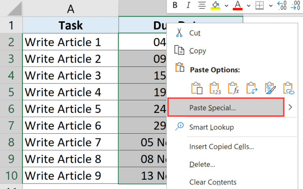 Chọn tính năng Paste Special từ menu chuột phải