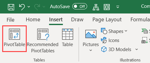 Chọn tính năng PivotTable để tạo bảng tổng hợp