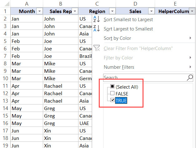 Chọn TRUE trong tùy chọn lọc