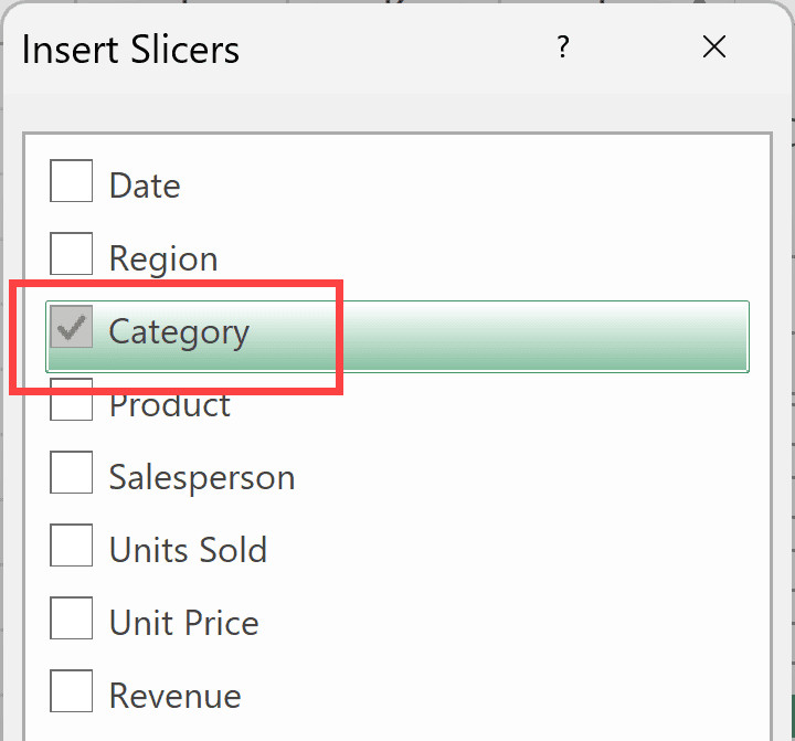 Chọn trường Category để tạo Slicer