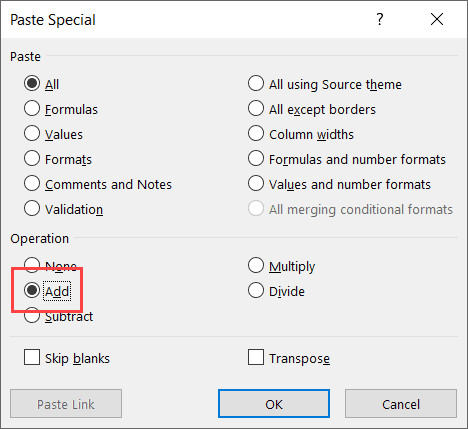 Chọn tùy chọn Add trong hộp thoại Paste Special