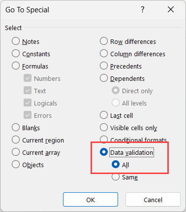 Chọn tùy chọn All trong mục Data Validation để tìm toàn bộ quy tắc