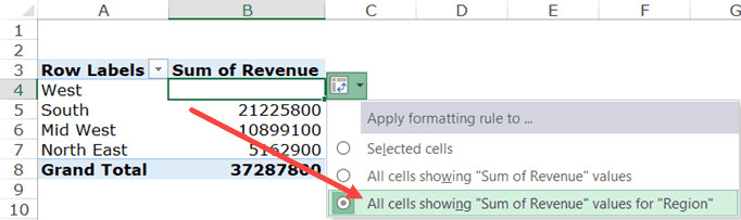 Chọn tùy chọn áp dụng định dạng cho tất cả các ô giá trị tương ứng trong Pivot Table