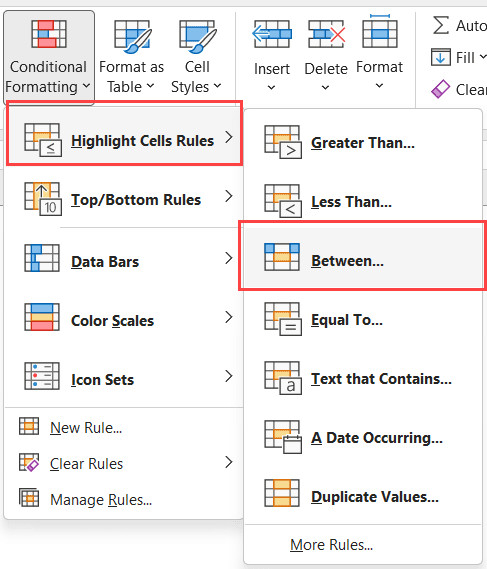Chọn tùy chọn Between để thiết lập khoảng giá trị